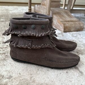 Minnetonka Grey Fringe Booties